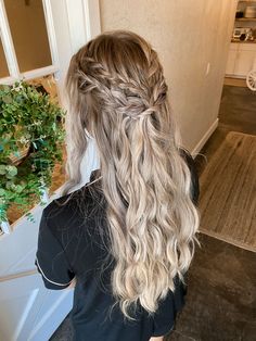 wand curls with stacked double french braids and a slightly teased crown Curled Hair And Braids Hairstyles, Curled Hairstyles For Prom With Braid, Curl And Braid Hairstyles, Half Up Braid With Curls, Prom Hair Braids And Curls, Long Hair With Braids And Curls, Ring Dance Hairstyles, Prom Hairstyles Braid Crown, Prom Braid Hairstyles For Long Hair