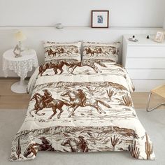 PRICES MAY VARY. King-size bed set includes 1 comforter (104 by 90 inches) and 2 pillow cases (20 by 36 inches). Machine washable and tumble dryable at low temperature for easy care. Do not bleach. Soft Fabric - Our comforter set with premium microfiber offers exceptional softness and breathability, which brings you excellent body feelings and creates a comfortable sleep for you. The material is weaved by complicated post-grinding process. Lightweight - This textured bed set is lightweight but w Country Theme Bedroom, Cowboy Bedding, Wild West Desert, Theme Bedroom, Country Theme, Hand Drawn Illustration, Drawn Illustration, Comforter Set, Wild West