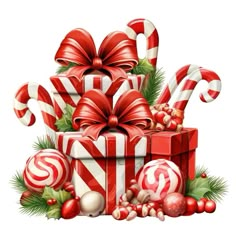 christmas presents with candy canes and bows on them, all wrapped in red ribbon