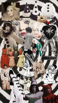 a collage of photos with clowns and costumes