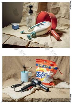 two pictures with different items on them, one has toothbrushes and the other has hairdryer