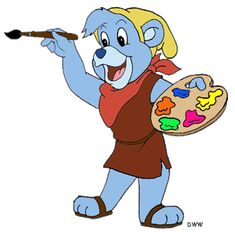 the blue bear is holding a paintbrush and an artist's palette in his hand