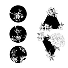 three black and white images with flowers on them, one in the shape of a triangle