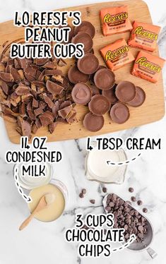 the ingredients to make chocolate peanut butter cups on a cutting board with text overlay