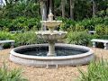 a fountain surrounded by benches in a park