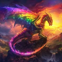 a colorful dragon sitting on top of a mountain