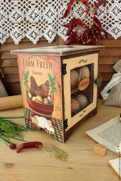 an old fashioned farm fresh chicken box on a table