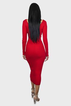 Struggling to find that ideal ensemble for your next occasion? Look no further! Our dress offers a versatile v-neckline, perfect for on or off the shoulders, along with a midi length and long sleeves. Its ribbed knit fabric hugs your curves comfortably and can be dressed up with trendy heels and a bold handbag. Color: Red Model wearing size Small Size S measures 53" from center back to hem Runs true to size Fabric has stretch 70% Rayon /30% Nylon Hand wash cold Statement Handbag, Trendy Heels, Next Clothes, Fashion Heels, Ribbed Knit Sweater, Knit Sweater Dress, Perfect Outfit, Vneck Sweater, Midi Length