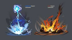 three different types of fire and ice on a dark background, each with an image of a