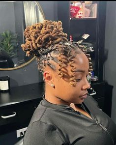 Bun Hairstyles With Locs, Bra Strap Length Loc Styles, Bun Styles For Locs, Shorter Loc Styles, Updo Retwist Styles, Up Do Dreadlocks Styles For Women, Women Starter Locs Styles, Curled Locs Black Women, Medium Length Loc Updo Styles For Women