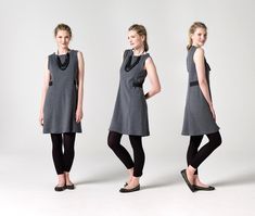 three different views of a woman in black and grey clothing, with her hands on her hips