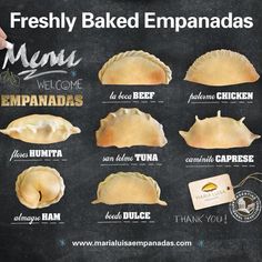 an advertisement for fresh baked empanadas on a chalkboard with handwritten words