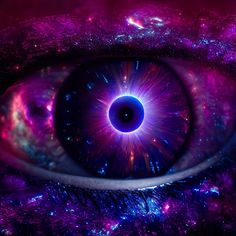 an eye with purple and blue stars in the iris, as if it were looking into space