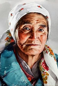 an old woman with a scarf on her head