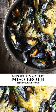 mussels in garlic and broth are served in a skillet on top of a wooden table