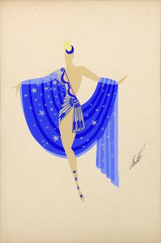 a drawing of a woman in a blue dress with stars on her shoulders and legs