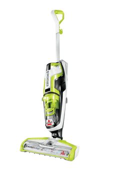 a green and white vacuum cleaner on a white background