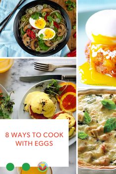 four different pictures with eggs and other food on the top one has an egg in it