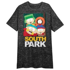 a black t - shirt with the words south park on it, and three cartoon characters