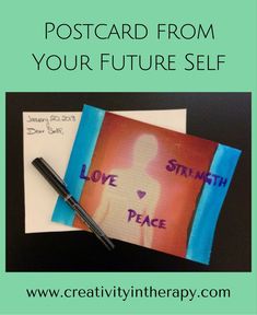 Postcard From Your Future Self: An Art Therapy Directive - Creativity in Therapy Art Therapy Group, Group Therapy Activities, Art Therapy Directives, Solution Focused Therapy, Therapeutic Recreation, Therapy Art, Play Therapy Techniques, Creative Arts Therapy, Recreation Therapy