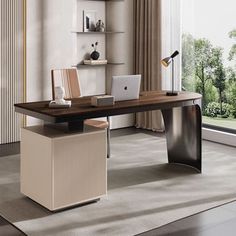 a modern desk with a laptop on it in front of a large window overlooking the trees