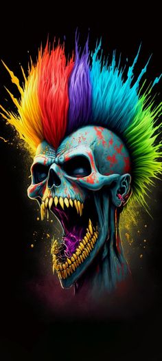 a skull with colorful hair and mohawks on it's head, painted in rainbow colors