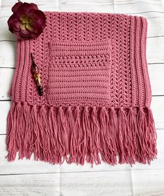 "Handmade Crochet Pocket Shawl  Material: 100% Acrylic Measures about 19\" wide x 61.5\" long not including tassels, tassels add additional 6\" to each side Color of this shawl is more of a dusty rose shade Care : I recommend hand wash warm, hang to dry, can also be machined washed gentle cycle  Smoke and pet free environment Pattern Credit: Sonja Hood, KnotYourselfOut Crochet Patterns" Crochet Pocket Shawl, Pocket Shawl, Crochet Pocket, Pocket Scarf, Pocket Scarves, Dusty Rose, Handmade Crochet, Caps Hats, Shawl