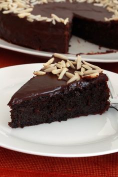 a piece of chocolate cake on a plate with a fork