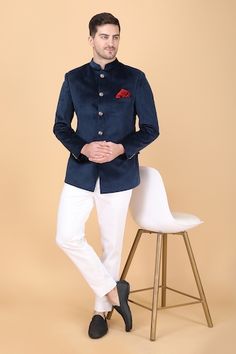 Buy Blue Terry Cotton Embroidered Zardozi Nairobi Jungle Achkan Trouser Set For Men by Paarsh Online at Aza Fashions. Runit Gupta, Blue Bandhgala, Navy Blue Suit Wedding, Groom Dress Men, Saree Blouse Styles, Reception Outfit