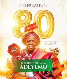 the poster for an 80th birthday celebration with a woman in red and gold dress