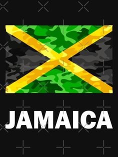 jamaica flag with the word jamaica written in white and green camouflage print on black background