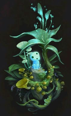 an artistic painting of plants and animals in the middle of some water, with one animal peeking out from its hole