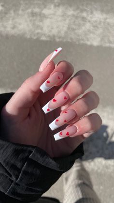 White Square Nails With Red Heart, Hard Nails, Basic Nails, Heart Nails, Valentine's Day Nails