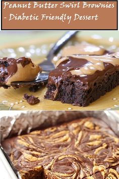 peanut butter swirl brownies with chocolate frosting on top and in the middle, one is cut into squares