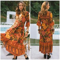 New With Tags $249 Aud Orange Floral Print Groovy Midi Dress Button Up Sold At Anthropologie Flowy Orange Maxi Dress For Fall, Orange Boho Print Maxi Dress, Spring Orange Boho Dress With Floral Print, Orange Bohemian Maxi Dress For Festivals, Bohemian Orange Maxi Dress For Fall, Spring Orange Boho Print Maxi Dress, Orange Maxi Boho Dress For Spring, Orange Boho Dress With Boho Print For Festivals, Orange Spring Festival Dress