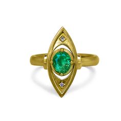 18K GOLD EMERALD RING This striking 18-karat ring with bright and lively 0.74-ct "roval" emerald is a one-of-a-kind creation. It exudes strength and wisdom. After all, according to ancient lore, emeralds endow you with the power to tell truth from deception. Think of it as your third eye! Made with love in Montreal. Details of this Emerald Statement Ring by K8 Jewelry 18K gold 20 mm long (approx. 3/4 inches) 0.74-carat Afghan emerald (Panjshir Valley), roval-shaped Size 7 (can be adjusted) 4 x 1-point post-consumer VS diamonds AFGHAN EMERALDS Learn more about Panjshir emeralds Want to know more what makes these emeralds so special? This article published by GIA shares in-depth information on inclusions and other differentiating features. Lots of fun science in that article. Learn more abou Marquise Emerald Ring In Yellow Gold, Emerald Marquise Ring With Center Stone, Heirloom Marquise Emerald Ring, Heirloom Style Green Emerald Open Ring, 14k Gold Emerald Halo Ring For May Birthstone, Unique Yellow Gold Emerald Promise Ring, Emerald Ring With Bezel Setting And Open Design, Yellow Gold Emerald Halo Ring For May Birthstone, Emerald Halo Ring In Yellow Gold