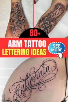 arm tattoo lettering ideas for men and women with the words arm tattoos written on it