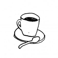 a drawing of a cup of coffee on a saucer with a spoon next to it