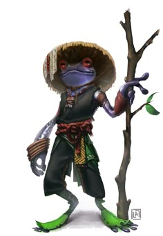 a frog dressed in mexican attire holding a tree branch