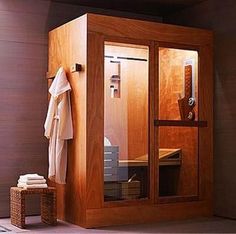 a sauna in the corner of a room