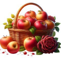 a painting of apples and roses in a basket