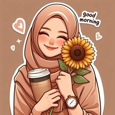 a woman holding a coffee cup with a sunflower in her hand and the words good morning written on it