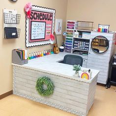 the front desk of a school with a wreath on it