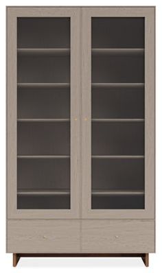 a bookcase with two glass doors on the front and one door open to show books