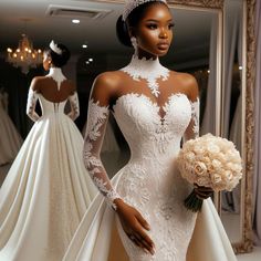 a woman in a wedding dress standing next to a mirror