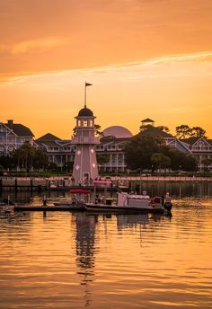 boats are docked in the water at sunset