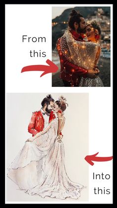 two pictures, one with an image of a man and woman in wedding clothes the other has text that reads from this into this