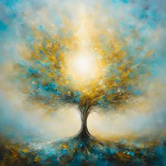 an abstract painting of a tree with blue, yellow and white colors