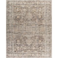 an area rug with faded colors and patterns on the bottom, in greys and browns