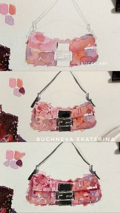 three pictures of purses hanging on a wall with paint splattered over them